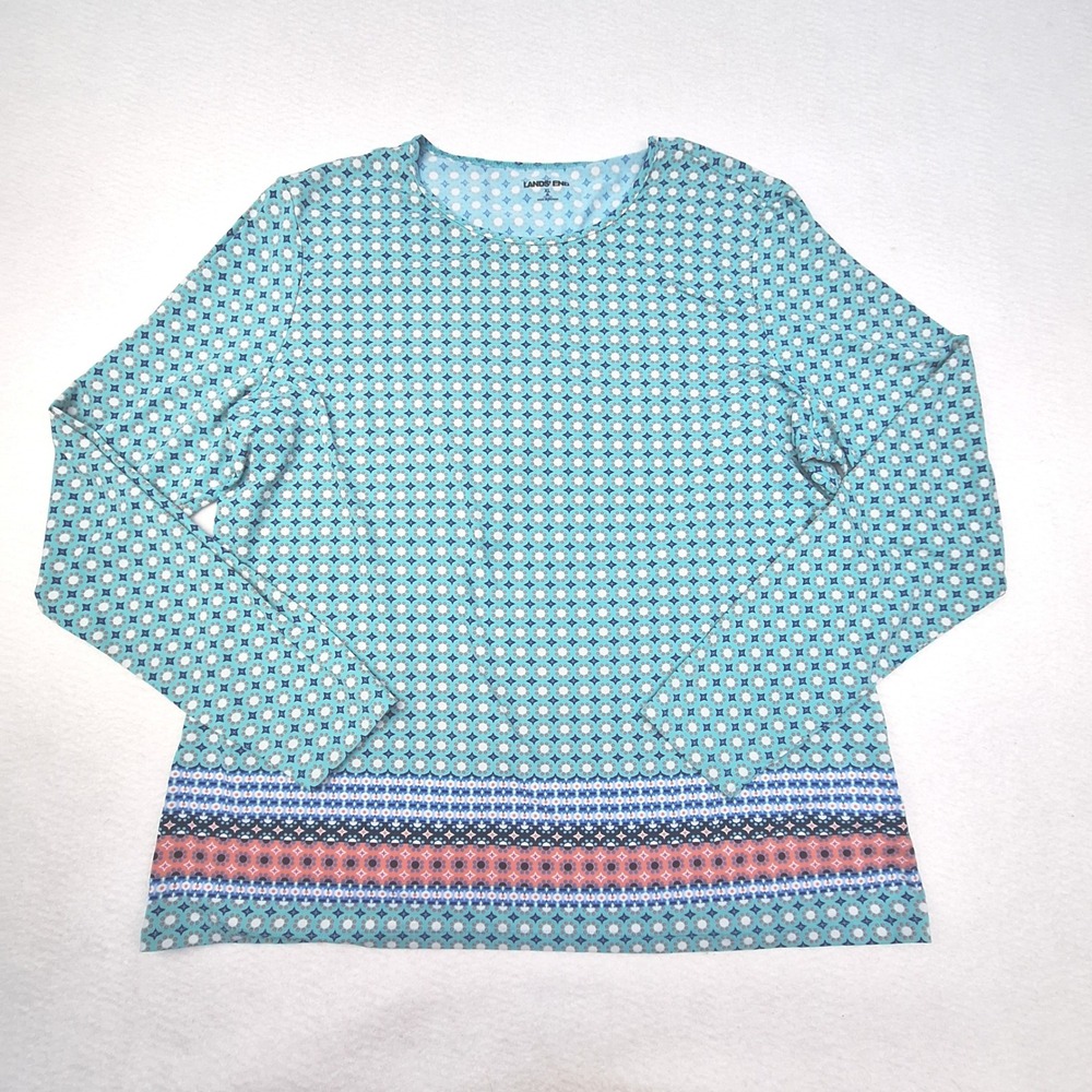 Lands End Top Womens XL Teal Blue Geometric Medallion Long Sleeve Crewneck Shirt